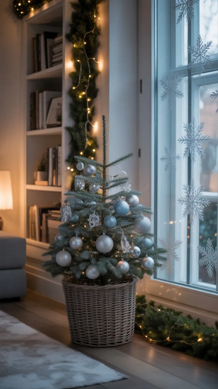 Cozy Winter Nook with Icy Blue Tree and Twinkling Lights