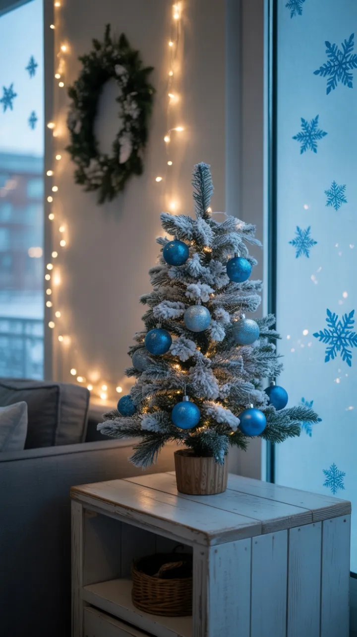Blue-Hued Cozy Christmas Nook with Flocked Mini Tree