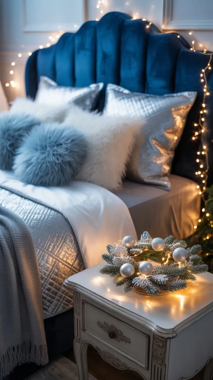 Velvet Winter Retreat – Cozy Blue and Silver Christmas Bedroom