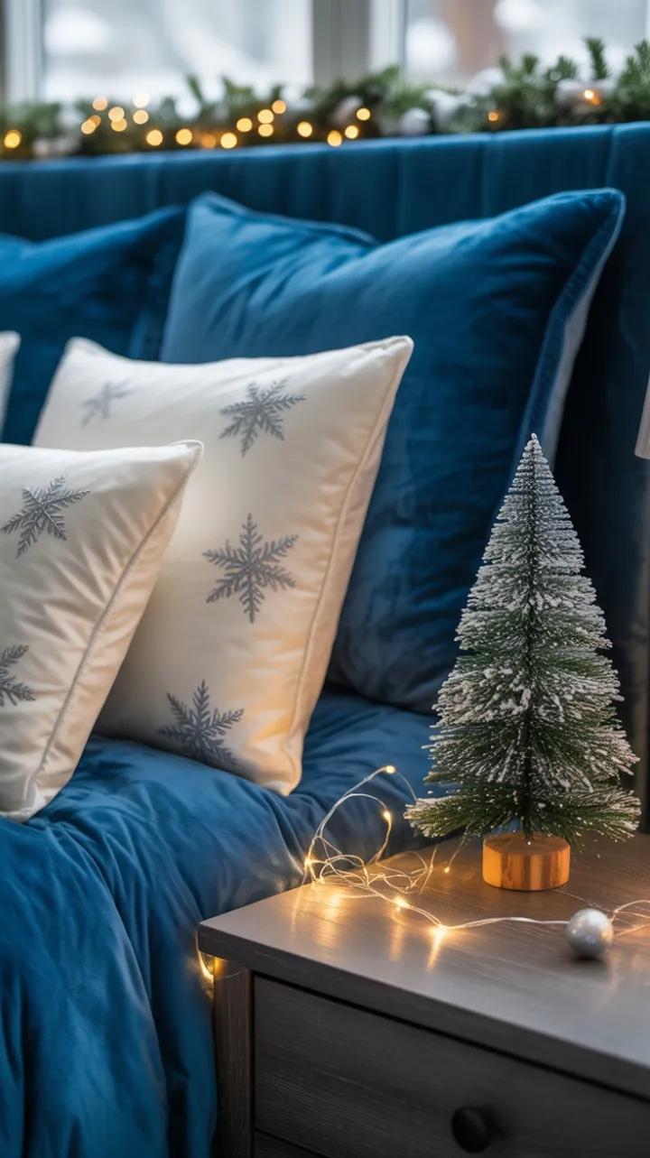 Blue Velvet Christmas Bedroom with Silver Snowflakes