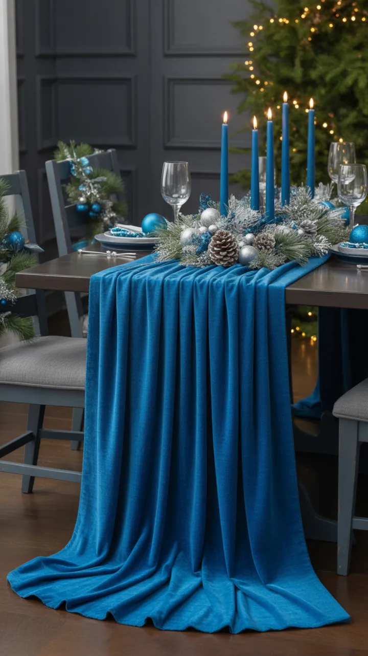 Sapphire-Soaked Christmas Table with Silver Pinecone Centerpiece