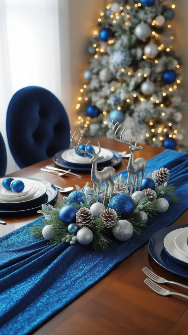 Sapphire Holiday Table with Silver Reindeer and Twinkling Lights