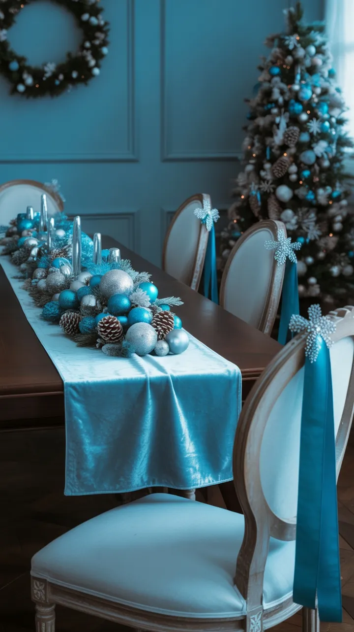 Icy Velvet Holiday Table in Blue and Silver