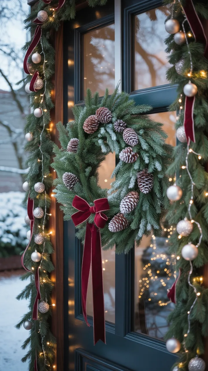 Snow-Kissed Wreath with Velvet Bow and Warm Lights