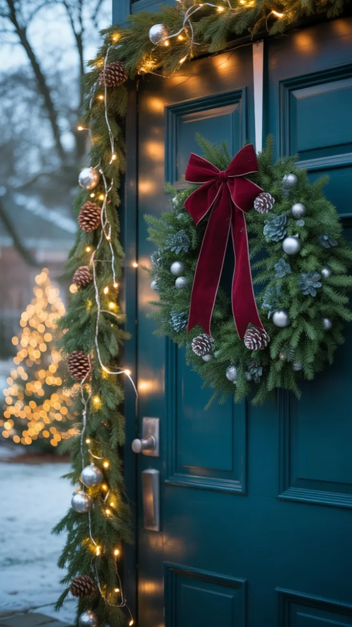 Velvet Bow on a Teal Welcome Beneath Twinkling Snow