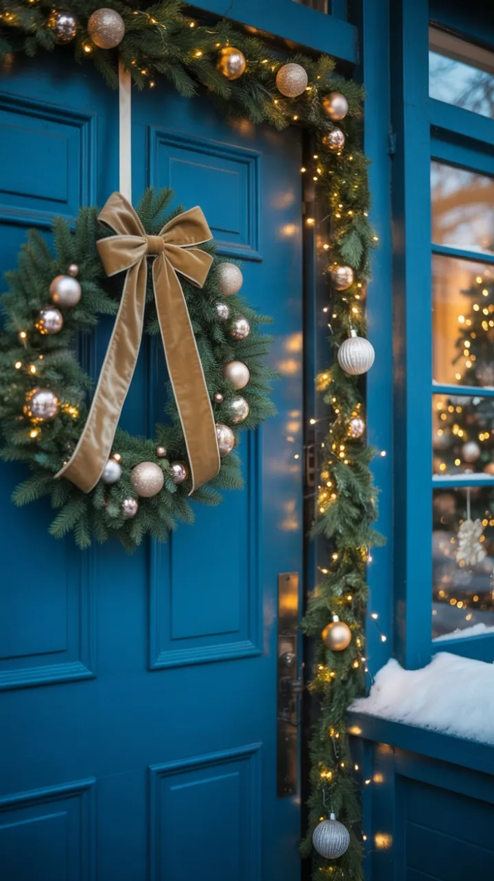 Winter welcome with gold-bowed wreath and twinkling lights on a blue door