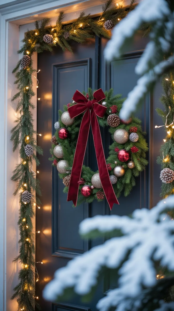 Crimson Bow and Twinkling Lights on a Snow-Kissed Front Door