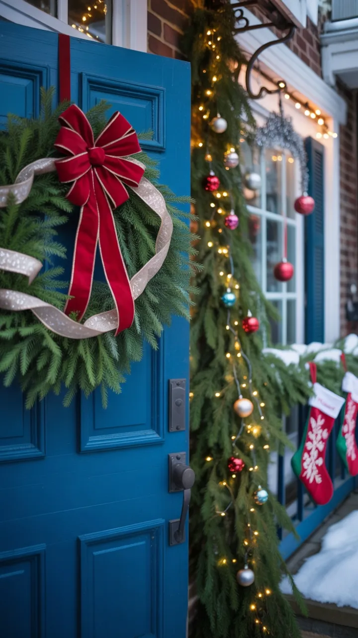 Snow-Kissed Blue Door with Crimson Wreath