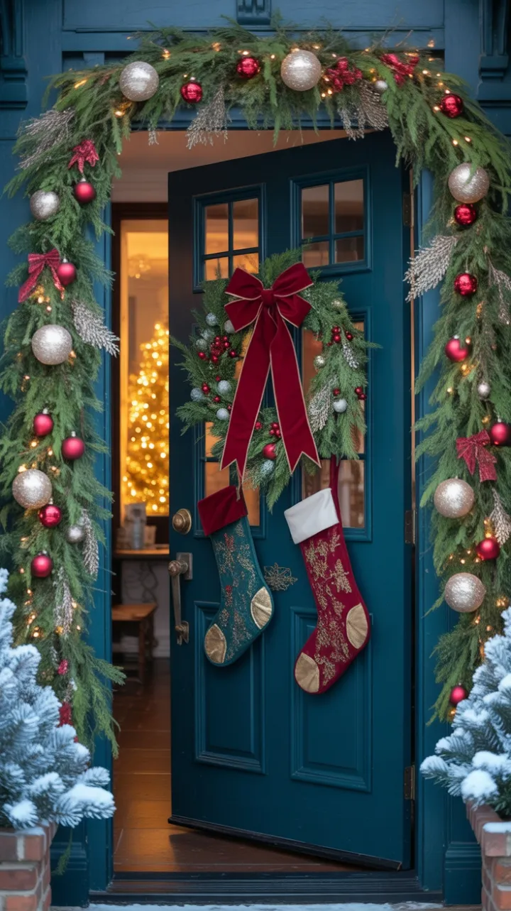 Teal Door Dressed in Garland and Velvet Bow