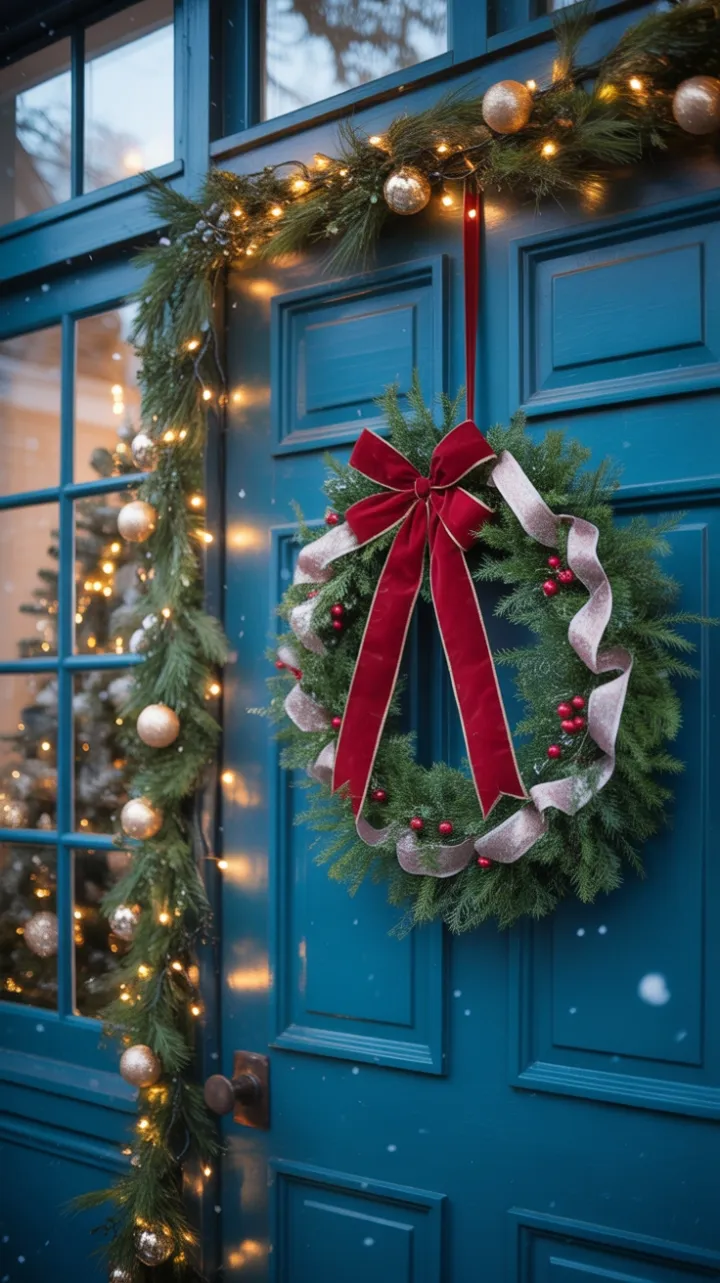 Velvet Bow on a Blue Door in a Snowlit Christmas Glow