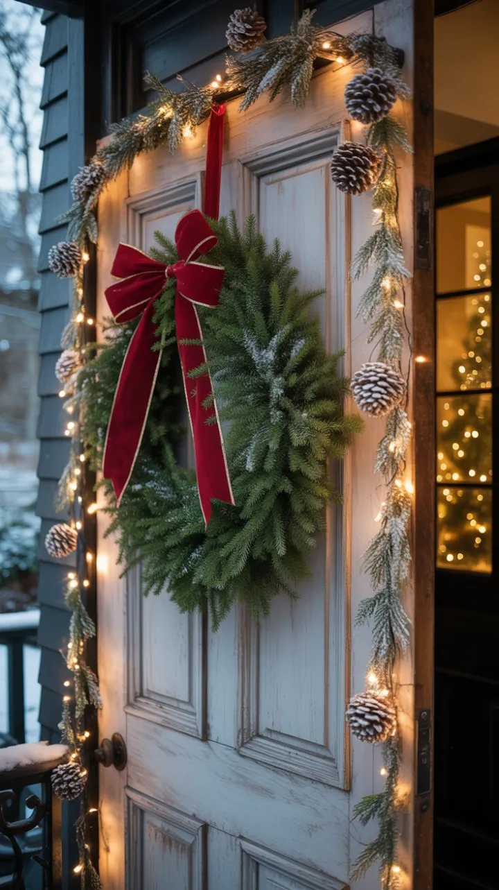 Crimson Bow and Twinkling Lights on a Snow-Kissed Doorstep