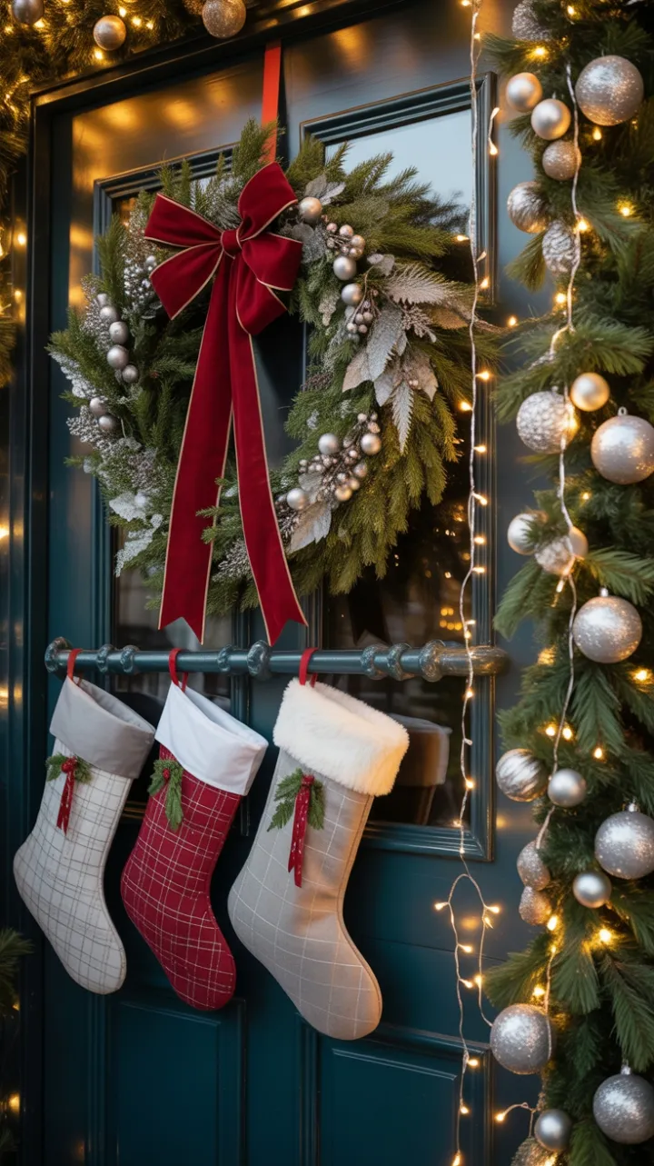 Sunset-Glow Christmas Door Adorned with Crimson Velvet and Silver Sparkle