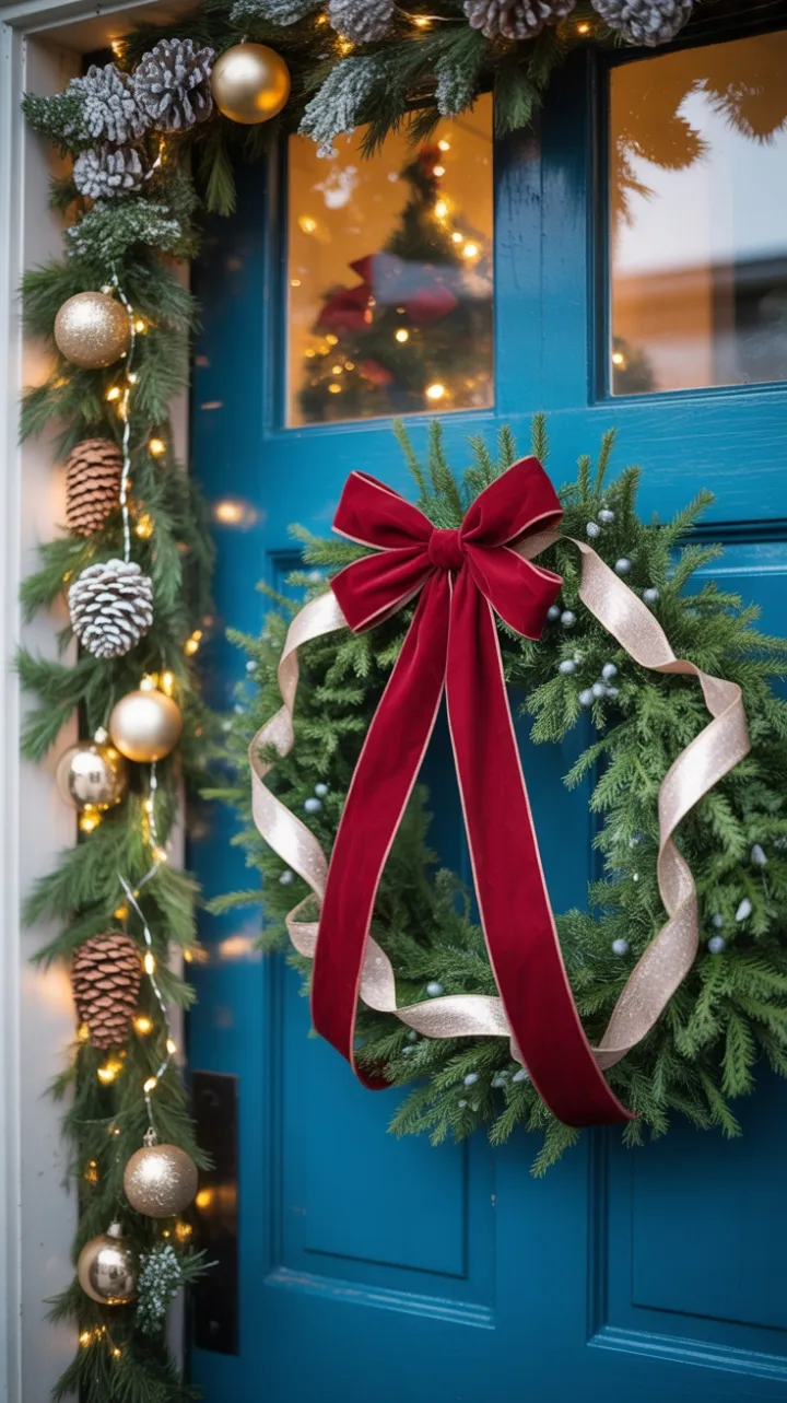 A Festive Welcome on a Vibrant Blue Door