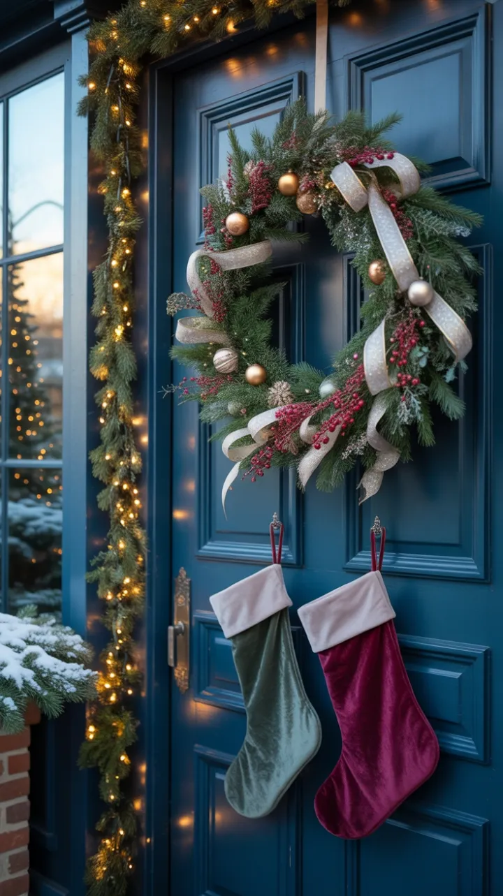 Evergreen Welcome on a Snow-Dusted Blue Doorstep