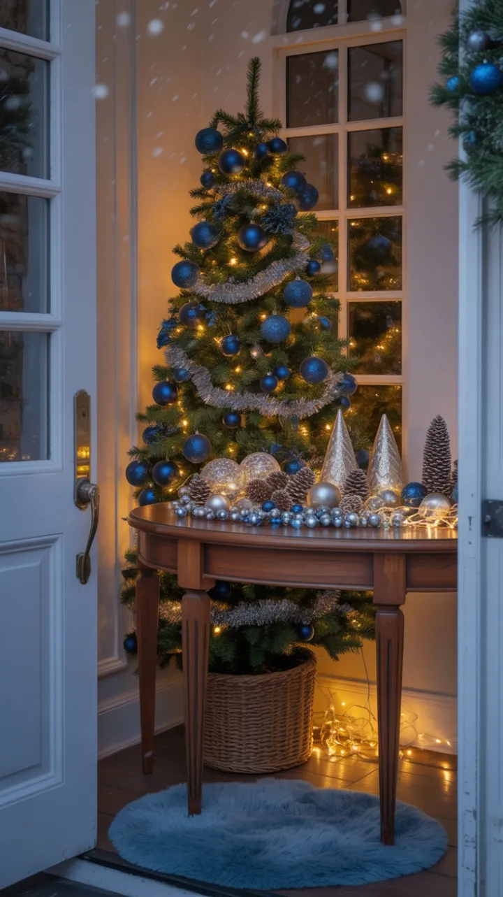 Cozy Blue-and-Silver Christmas Entryway