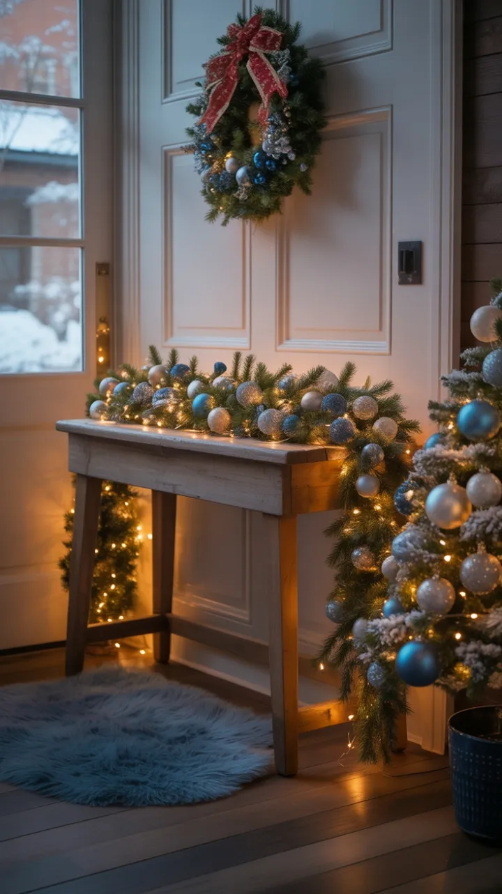 Cozy Rustic Christmas Entryway Dressed in Blue and Silver