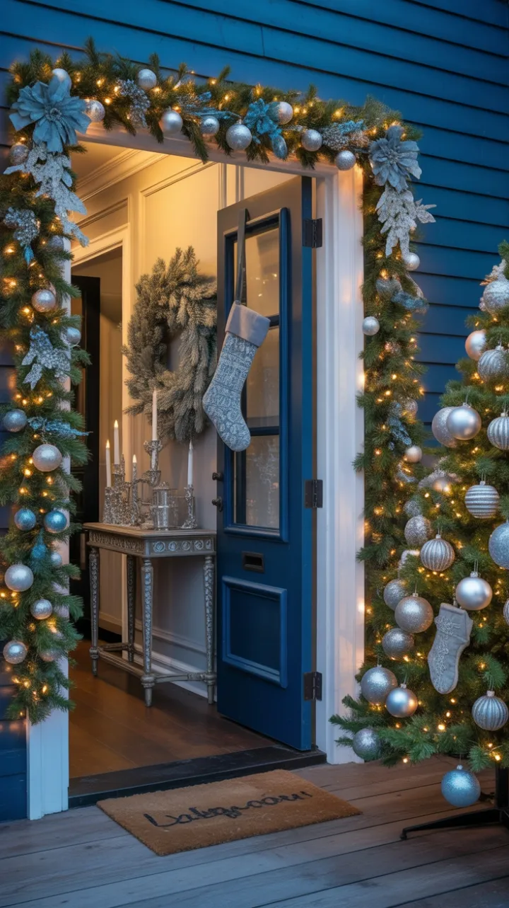 Blue-and-Silver Holiday Welcome Bathed in Warm Light