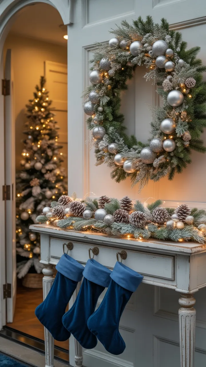 Frost-Kissed Welcome with Velvet Stockings and Silver Ornaments