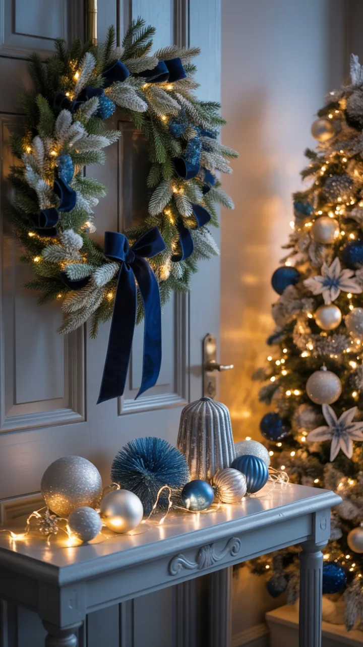 Velvet Blue Welcome on a Frosted Christmas Door
