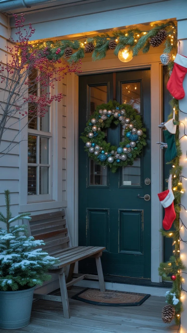 Twinkling Evening on a Cozy Christmas Porch with Blue and Silver Wreath