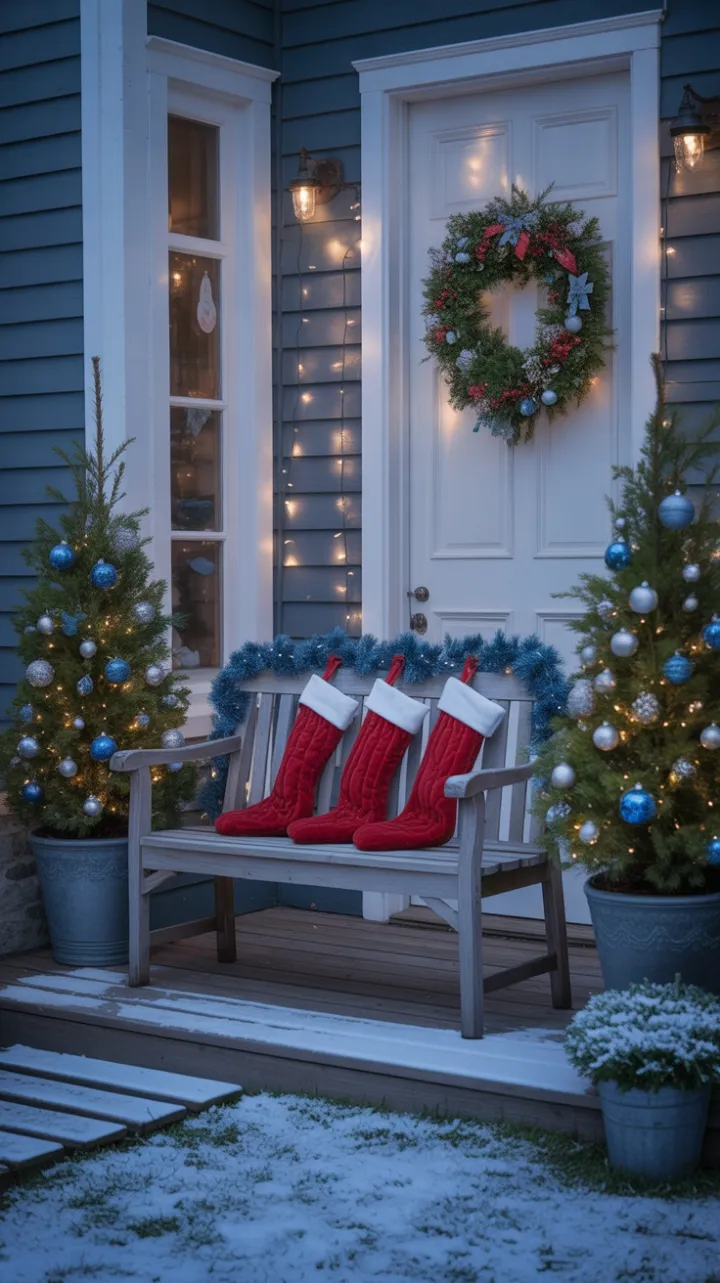 Snow-Kissed Porch Bathed in Twinkling Blue Holiday Light