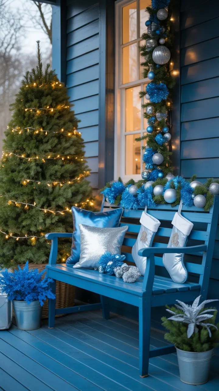 Blue-Trimmed Holiday Haven on a Cozy Front Porch