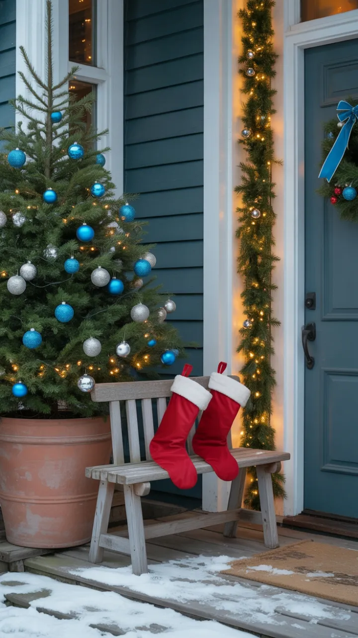 Warm Lights on a Snow-Kissed Blue and Silver Christmas Porch