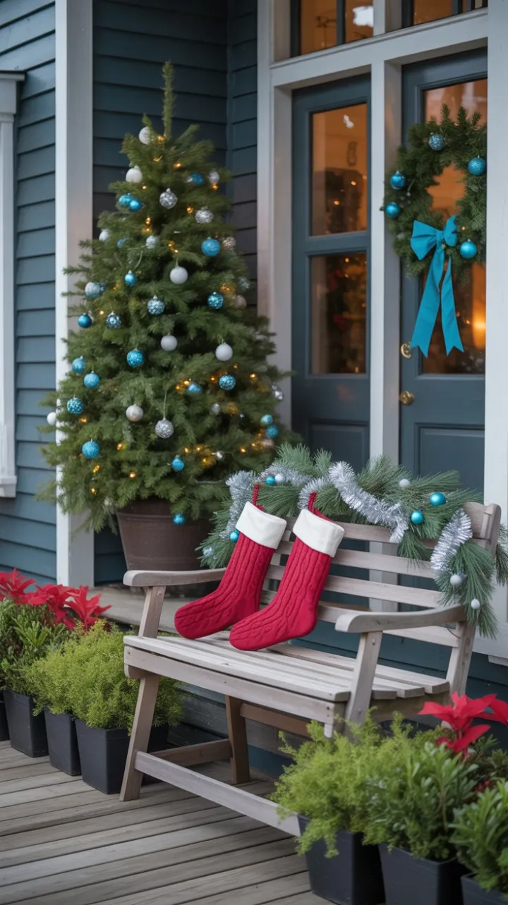 Blue-and-Silver Christmas Porch with Cozy Stockings and Twinkling Lights