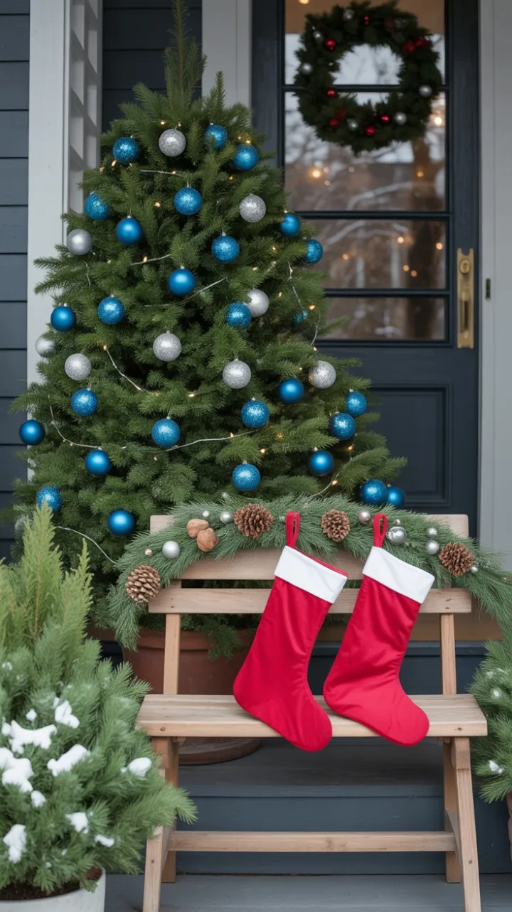 Twinkling Blue-and-Silver Holiday Porch with Snow-Kissed Evergreens