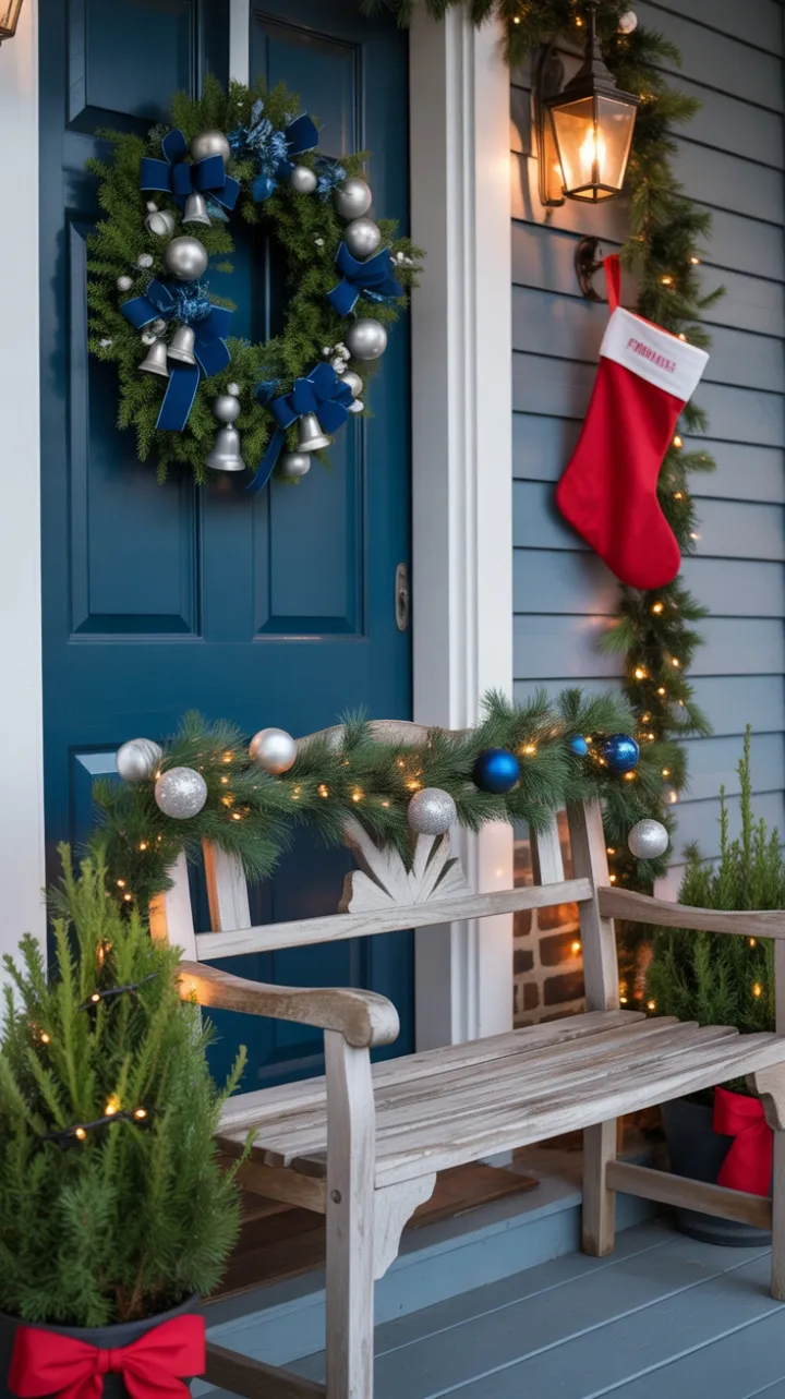 Twinkling Blue-and-Silver Christmas Porch with Cozy Bench and Festive Stockings