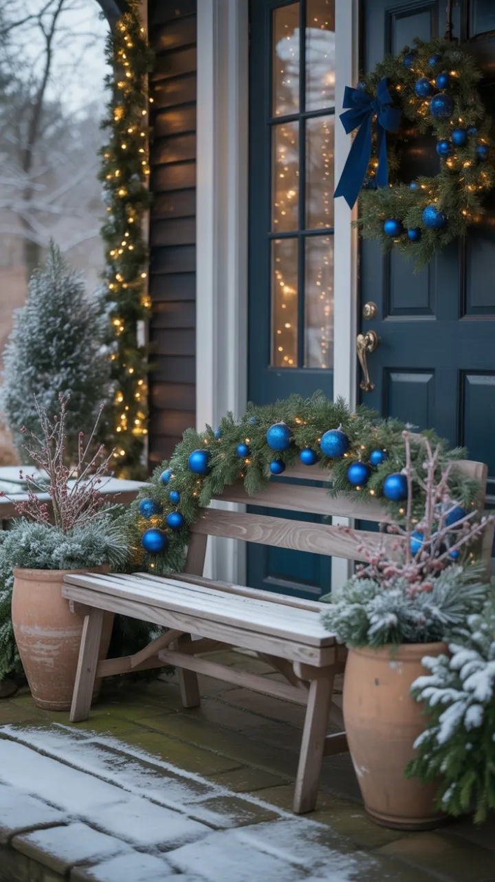 Twinkling Blue Holiday Porch Under a Soft Blanket of Snow