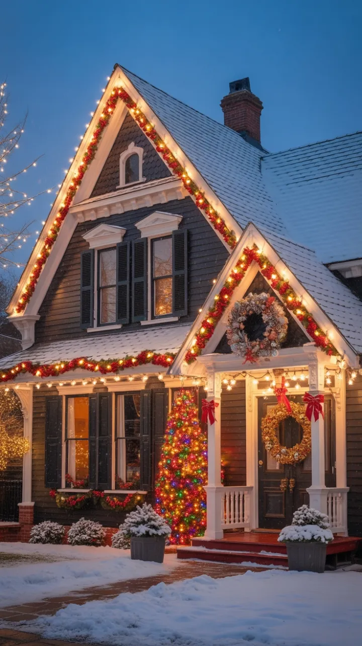 Snow-Kissed Victorian Aglow with Twinkling Christmas Lights