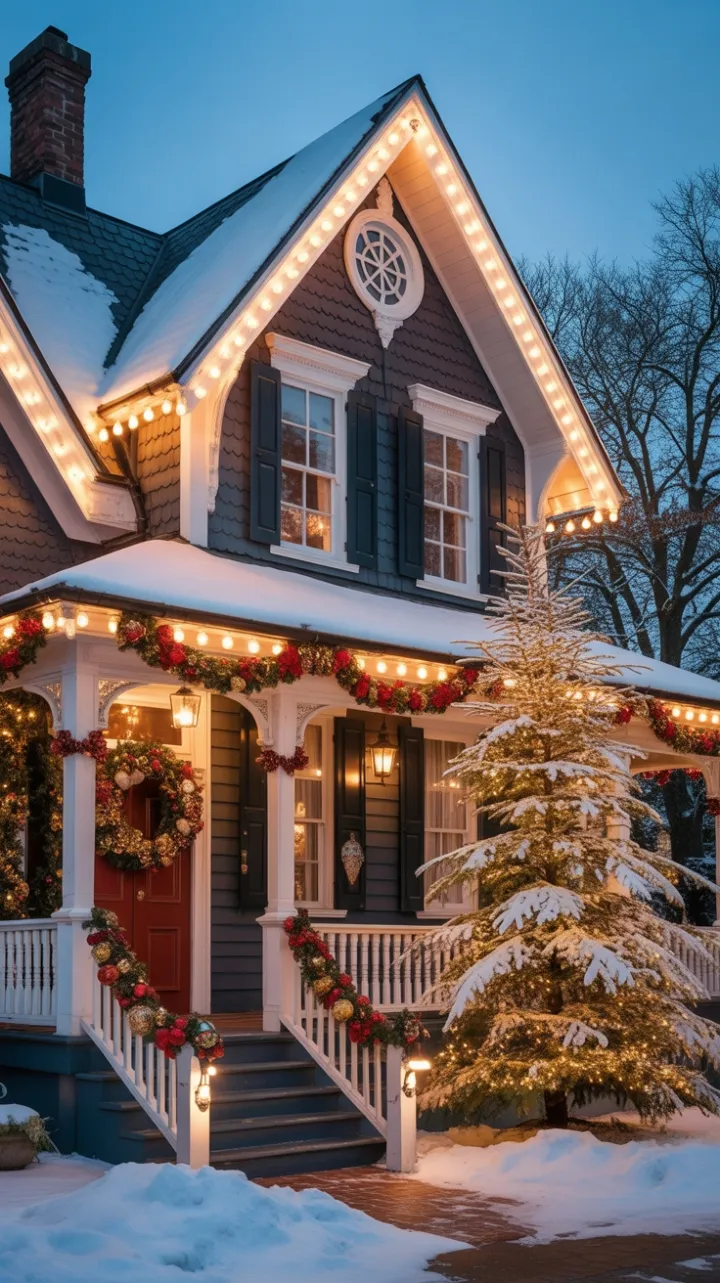 Victorian Home Aglow in Warm Lights and Festive Garland