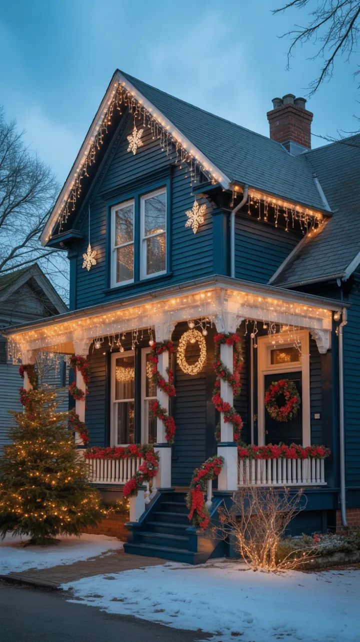 Blue Victorian Wrapped in Warm Lights and Holiday Magic