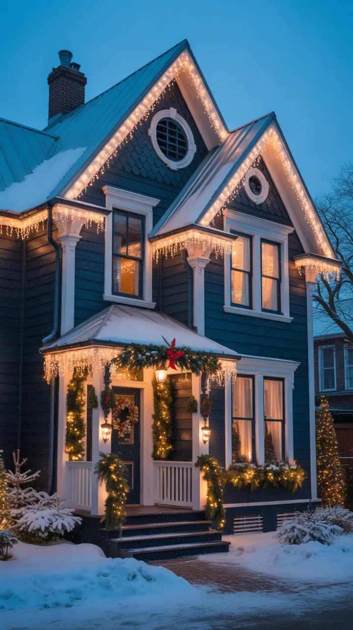 Blue Victorian Wrapped in Warm White Lights and Falling Snow