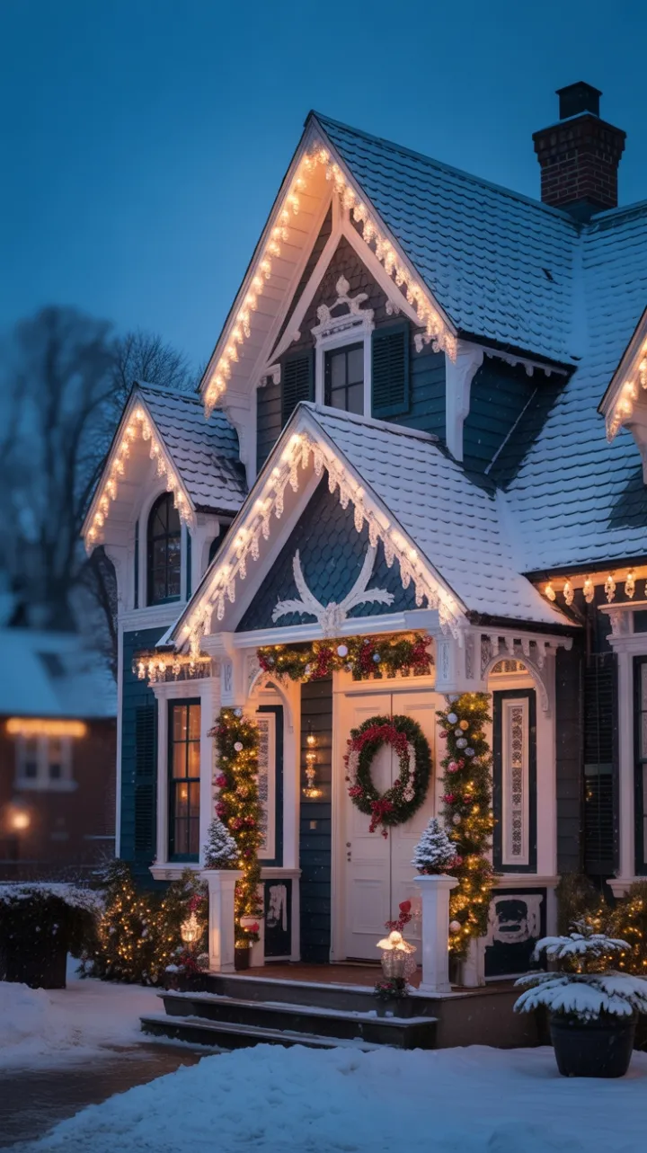 Snow-Kissed Victorian Dressed in a Blue and White Holiday Glow