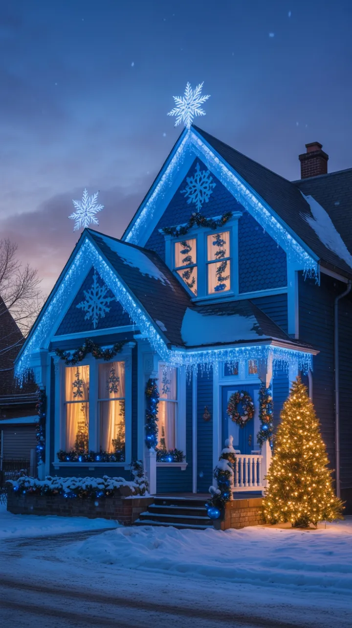 Victorian House Wrapped in Blue Holiday Magic