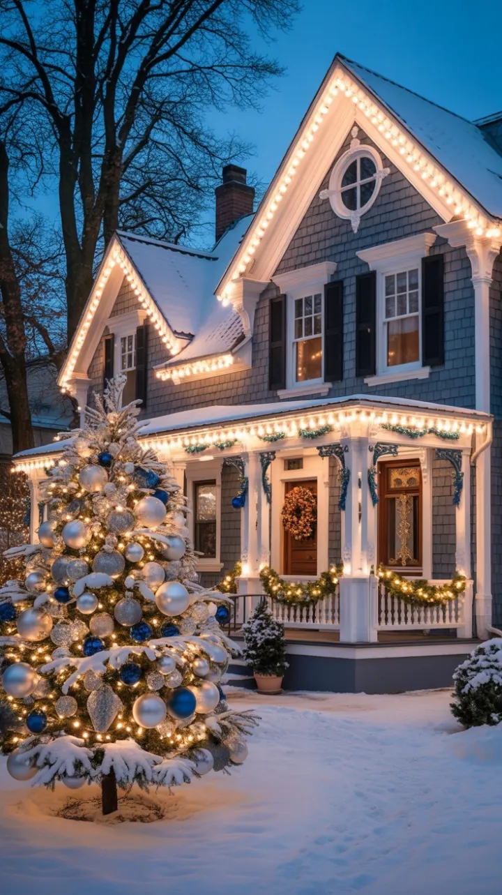 Snow-Kissed Victorian Wrapped in Blue-White Holiday Glow