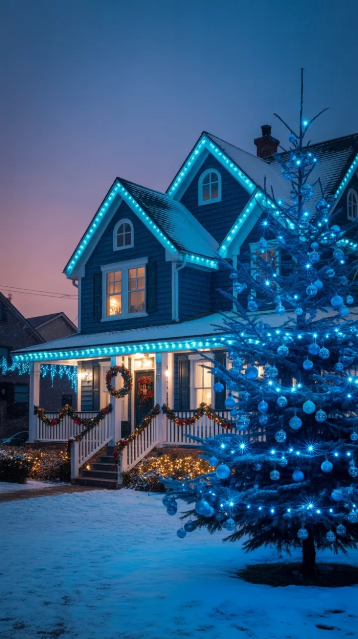 Blue-Trimmed Holiday Magic on a Snowy Two-Story Home