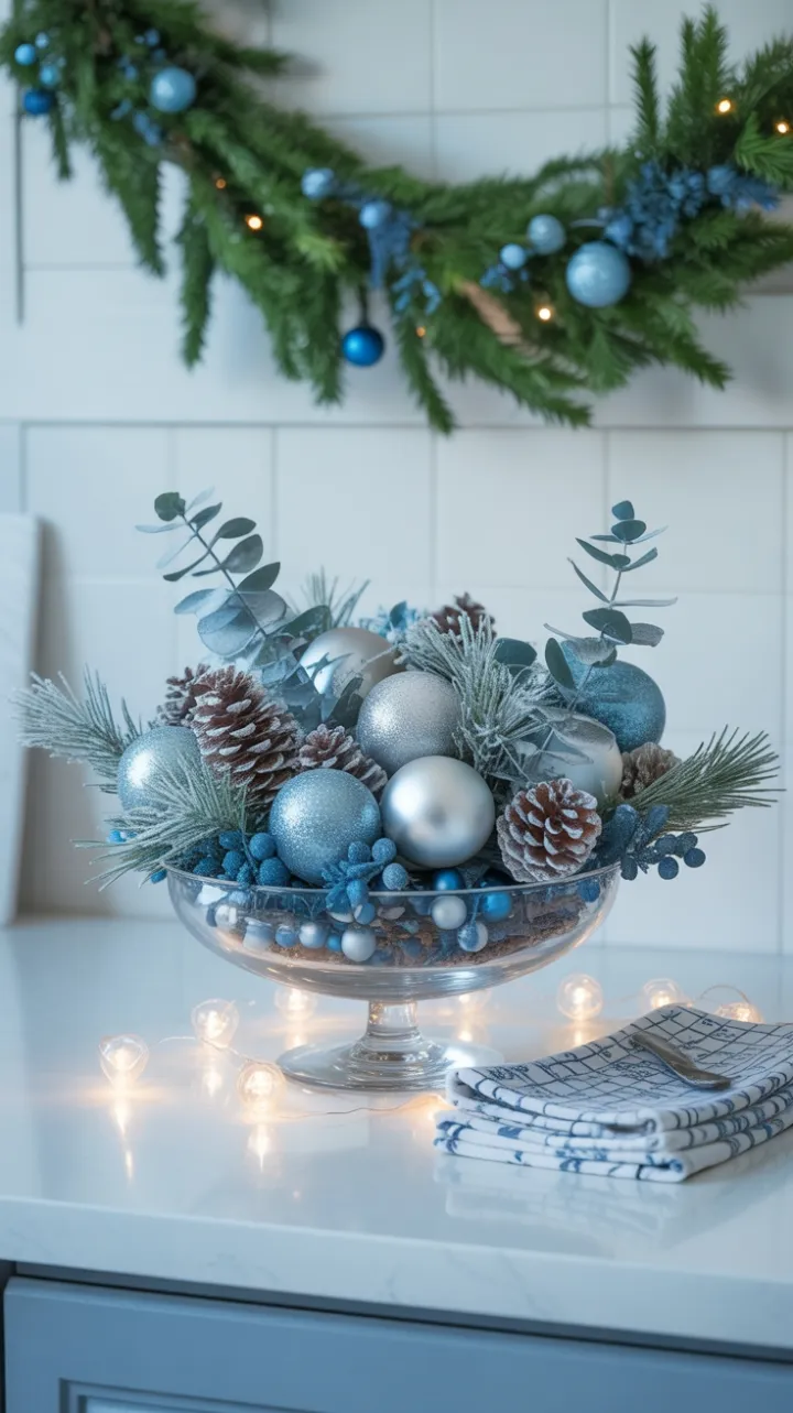 Glowing Frosted Blue and Silver Christmas Kitchen Centerpiece