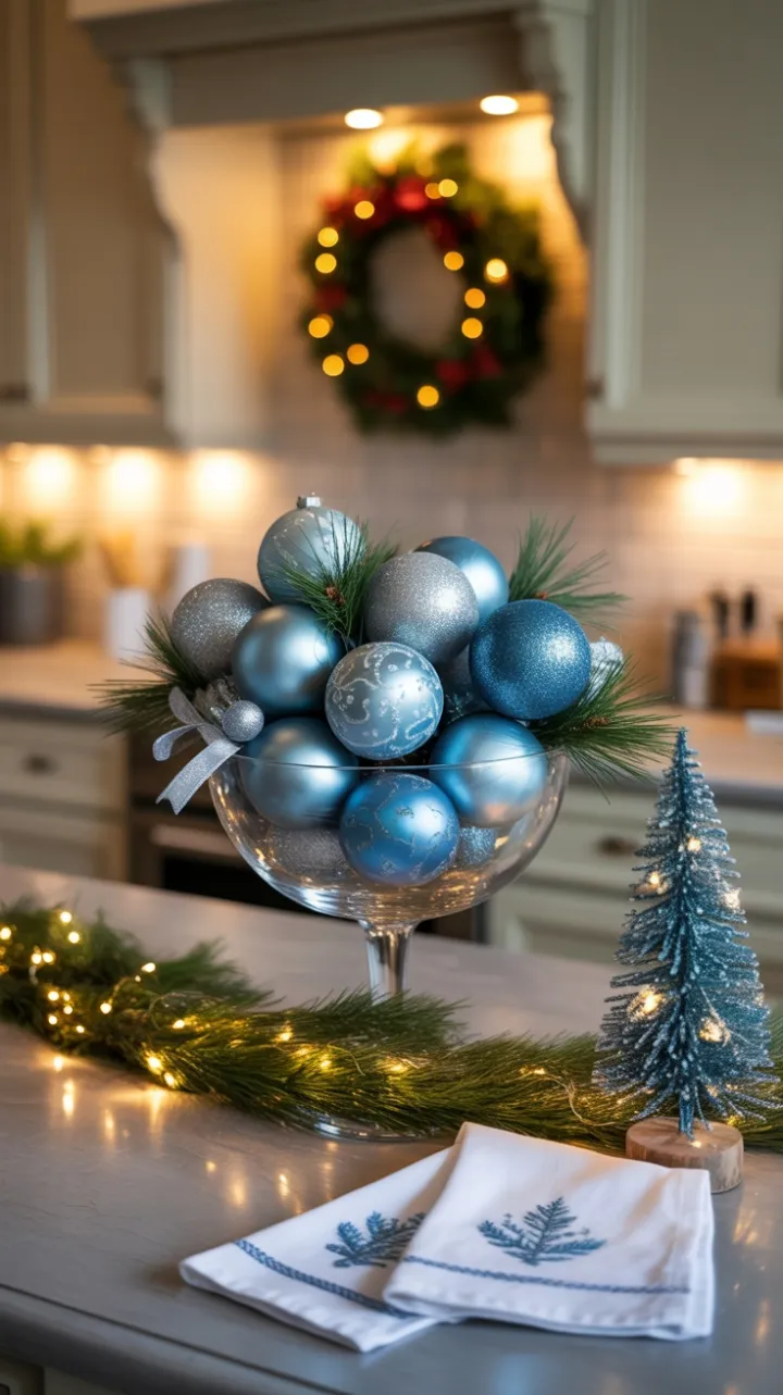 Frosted Blue and Silver Holiday Glow in a Cozy Christmas Kitchen