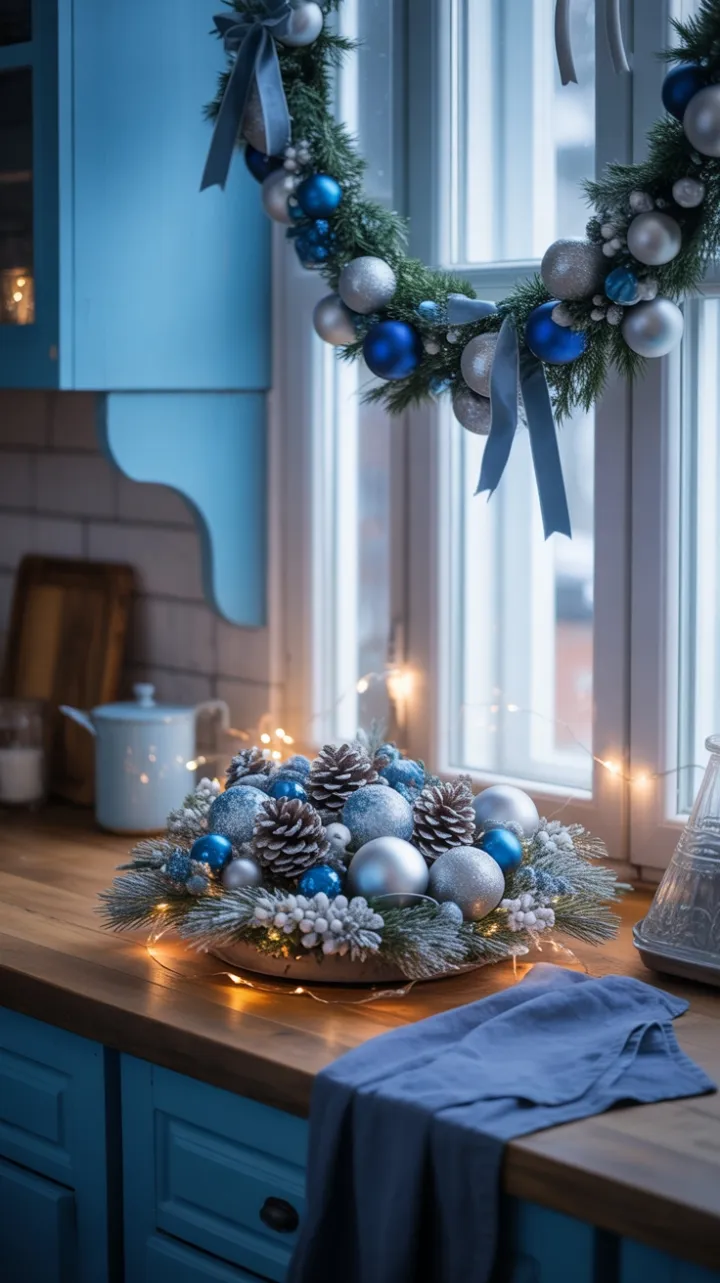 Cozy Blue Christmas Kitchen Bathed in Warm Light
