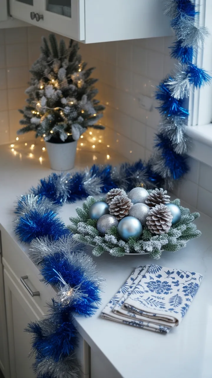 Blue and Silver Holiday Glow on a Cozy Countertop