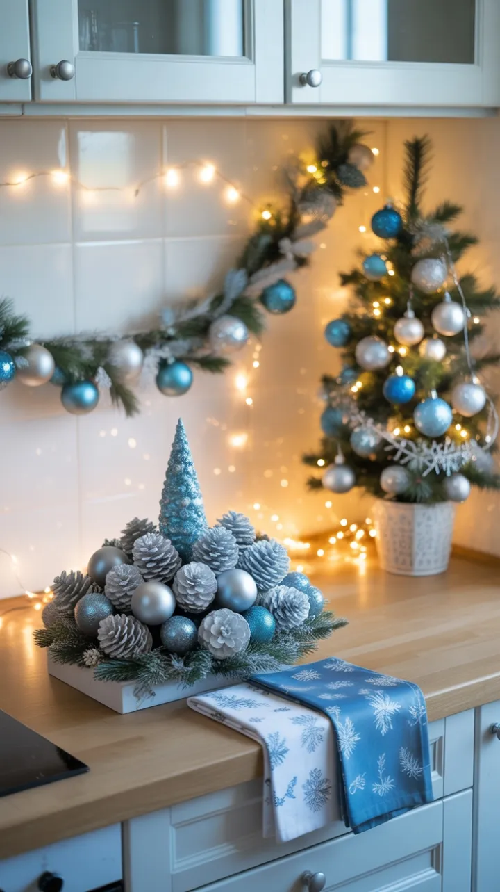 Frosted Blue Christmas Kitchen with Twinkling Silver Glow