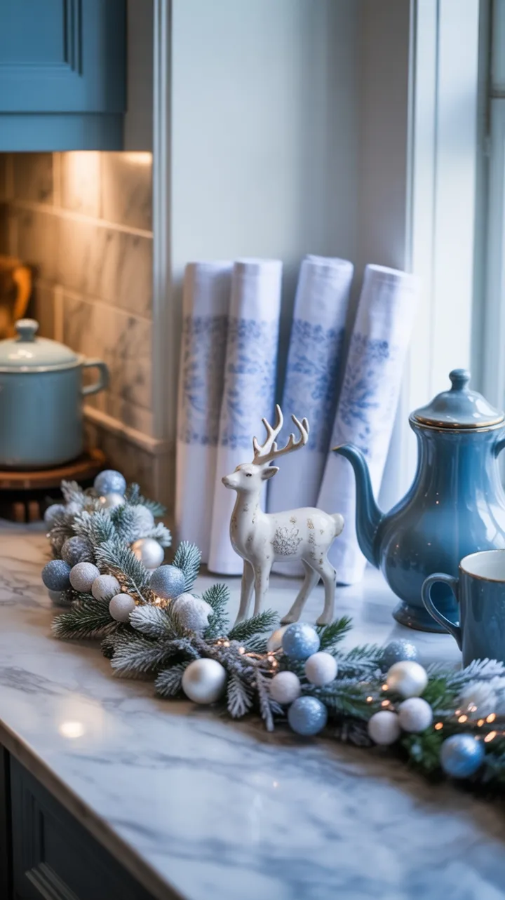 Frosted Blue Christmas on a Sunlit Marble Countertop