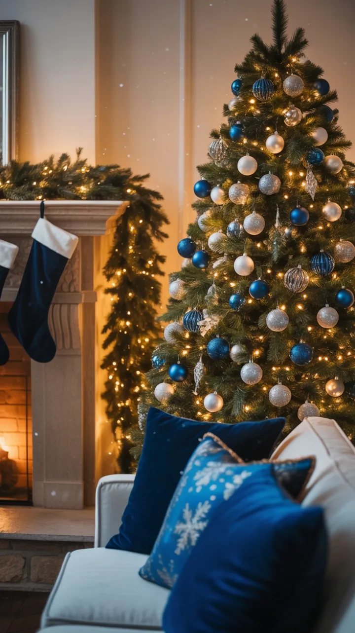 Cozy Christmas Evening with Blue Ornaments and a Crackling Fire