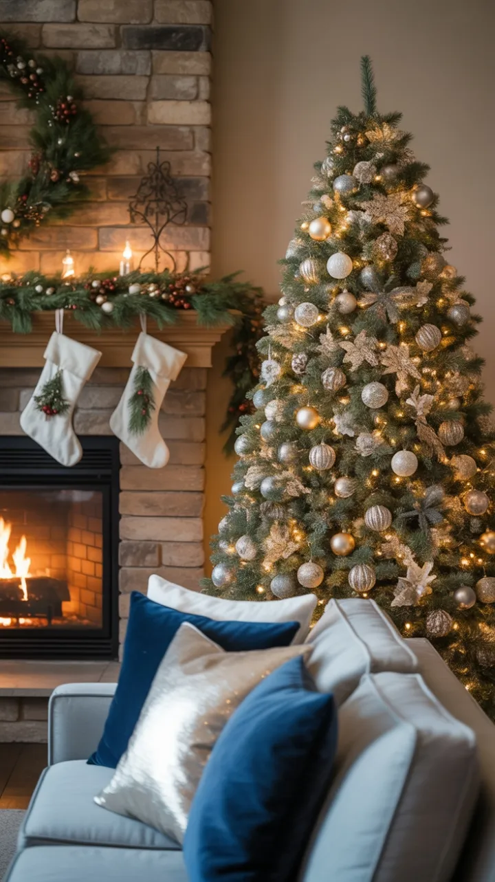 Hearthside Warmth Beneath a Blue Spruce Dressed in Silver and Gold