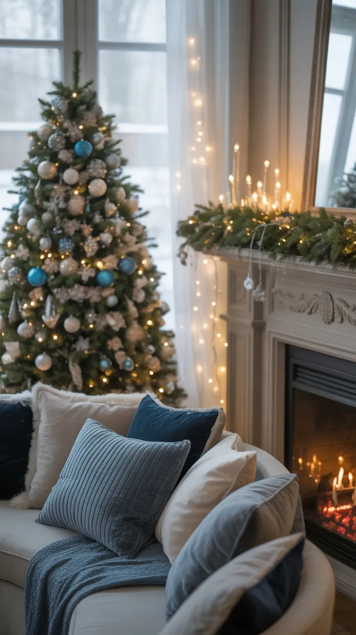 Snow-Kissed Fireside in a Blue and Silver Christmas