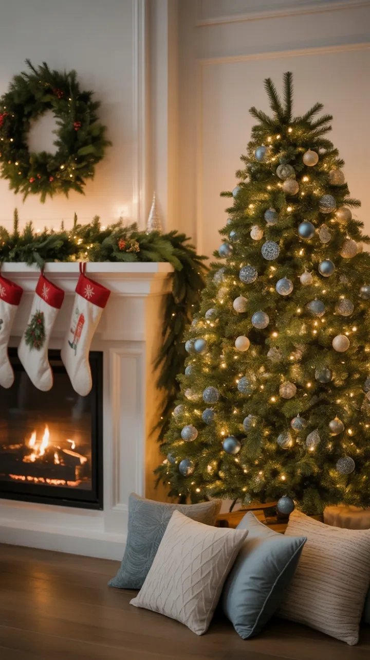 Cozy Hearthside Christmas with Blue-Ornament Glow