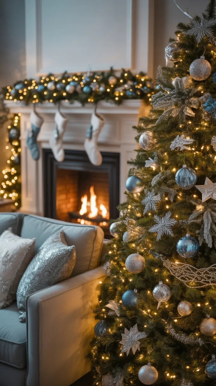 Blue-Glow Holiday Hearth with Silver-Trimmed Elegance